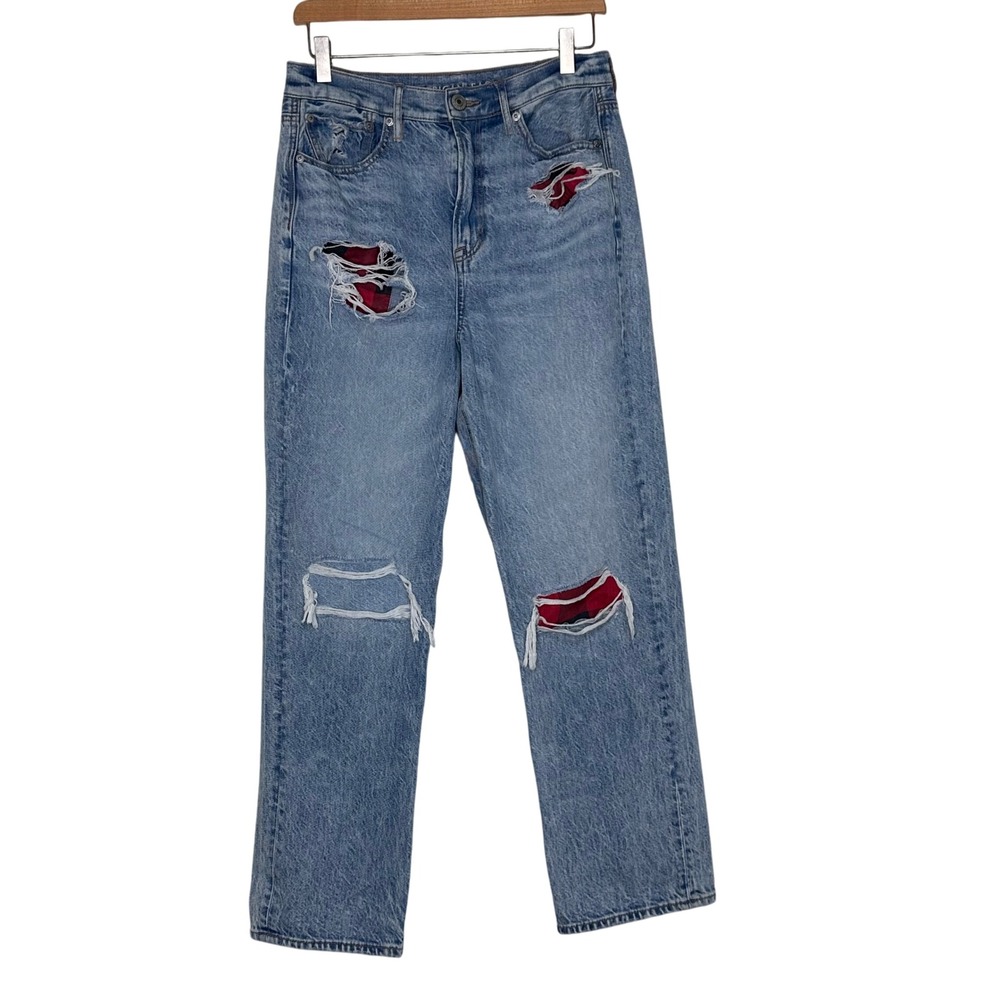 American Eagle Highest Rise 90s Boyfriend Jeans Ripped Plaid Detail Sz 8